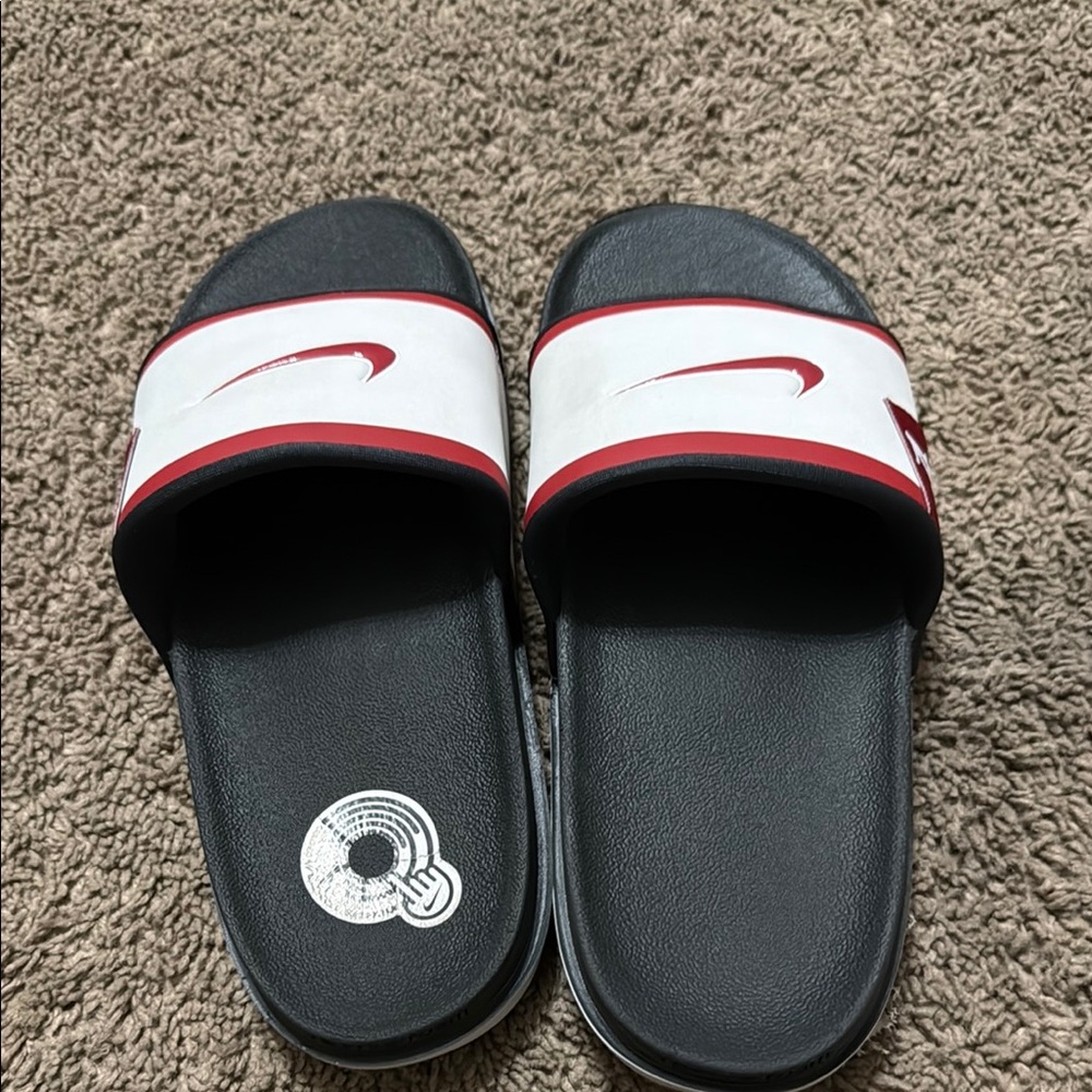 Nike Black and White Slides with Red Trim